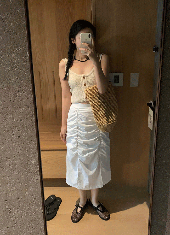 Cream nylon shirring skirt (2color)
